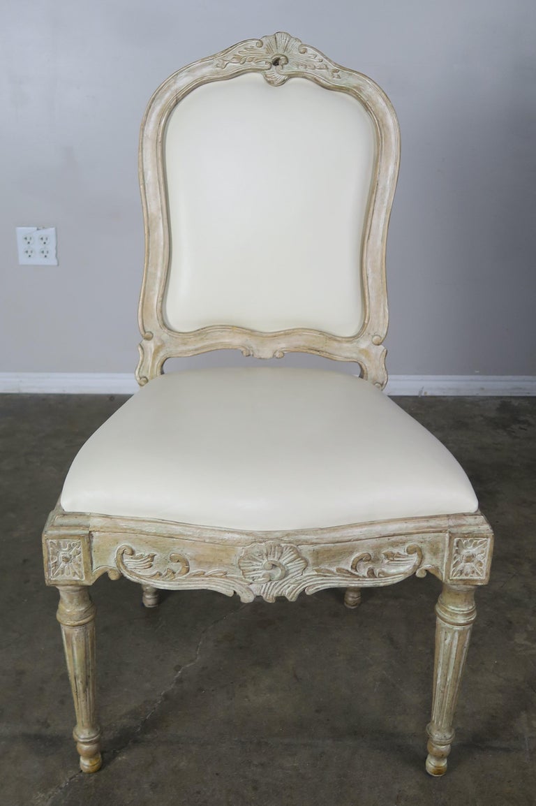 Set of 8 French Carved White Leather Dining Chairs at 1stDibs