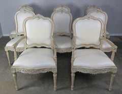 Set of 8 French Carved White Leather Dining Chairs