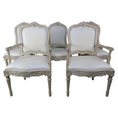 Set of 8 French Carved White Leather Dining Chairs