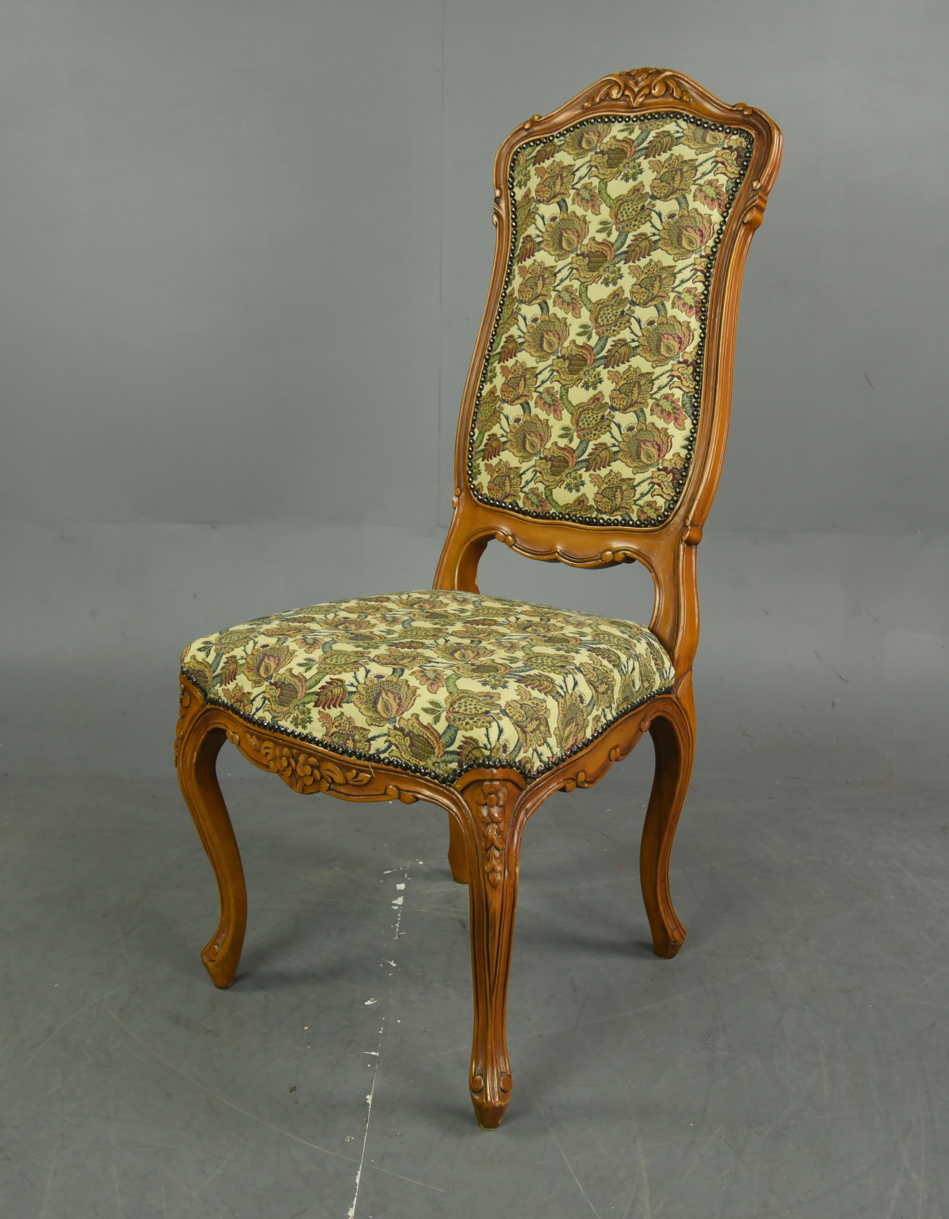 Good quality set of eight French dining chairs 
The chairs are in great clean condition having been recently upholstered.
The frames are constructed of solid beech that are nicely carved and a wonderful shape.
They are all in great condition with