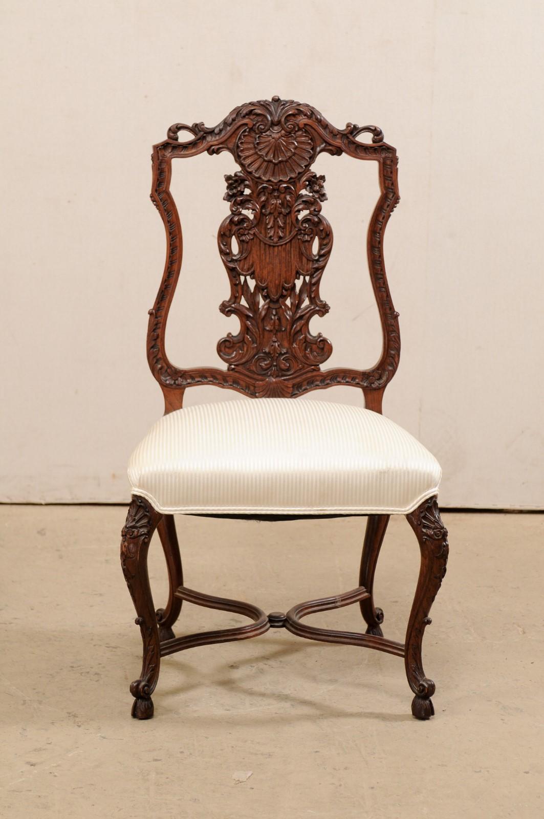 Fabric French Set of 8 Dining Chairs Elaborately Carved w/Shield-Shaped Backs, Mid-20th For Sale