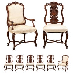 French Set of 8 Dining Chairs Elaborately Carved w/Shield-Shaped Backs, Mid-20th