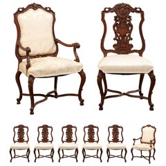 French Set of 8 Dining Chairs Elaborately Carved w/Shield-Shaped Backs, Mid-20th