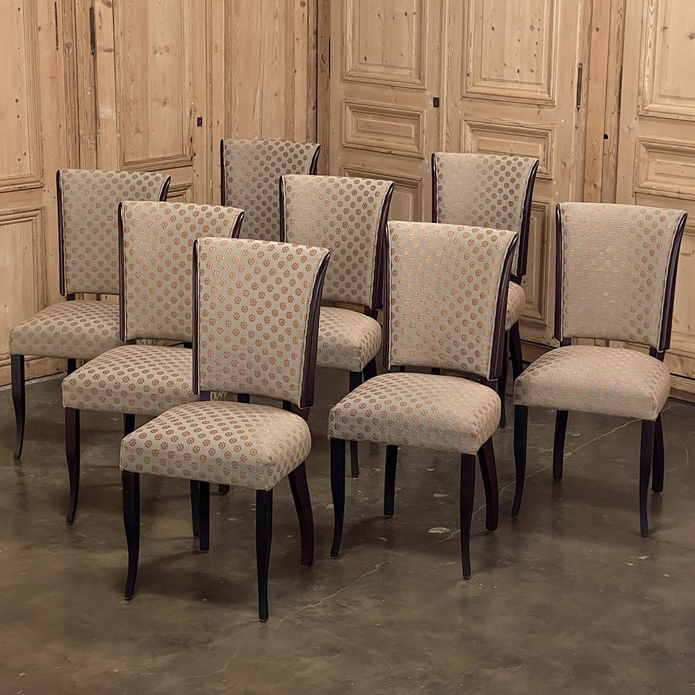 Satz von 8 französischen Mahagoni-Esszimmerstühlen im Directoire-Stil aus der Mitte des Jahrhunderts (Französisch) im Angebot