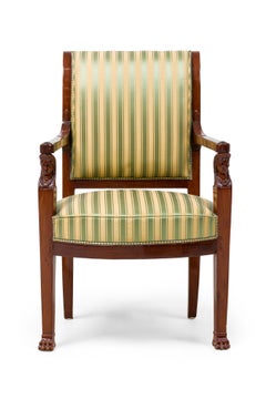 Set of 8 French Empire Mahogany & Gold & Green Stripe Upholstered Dining Chairs