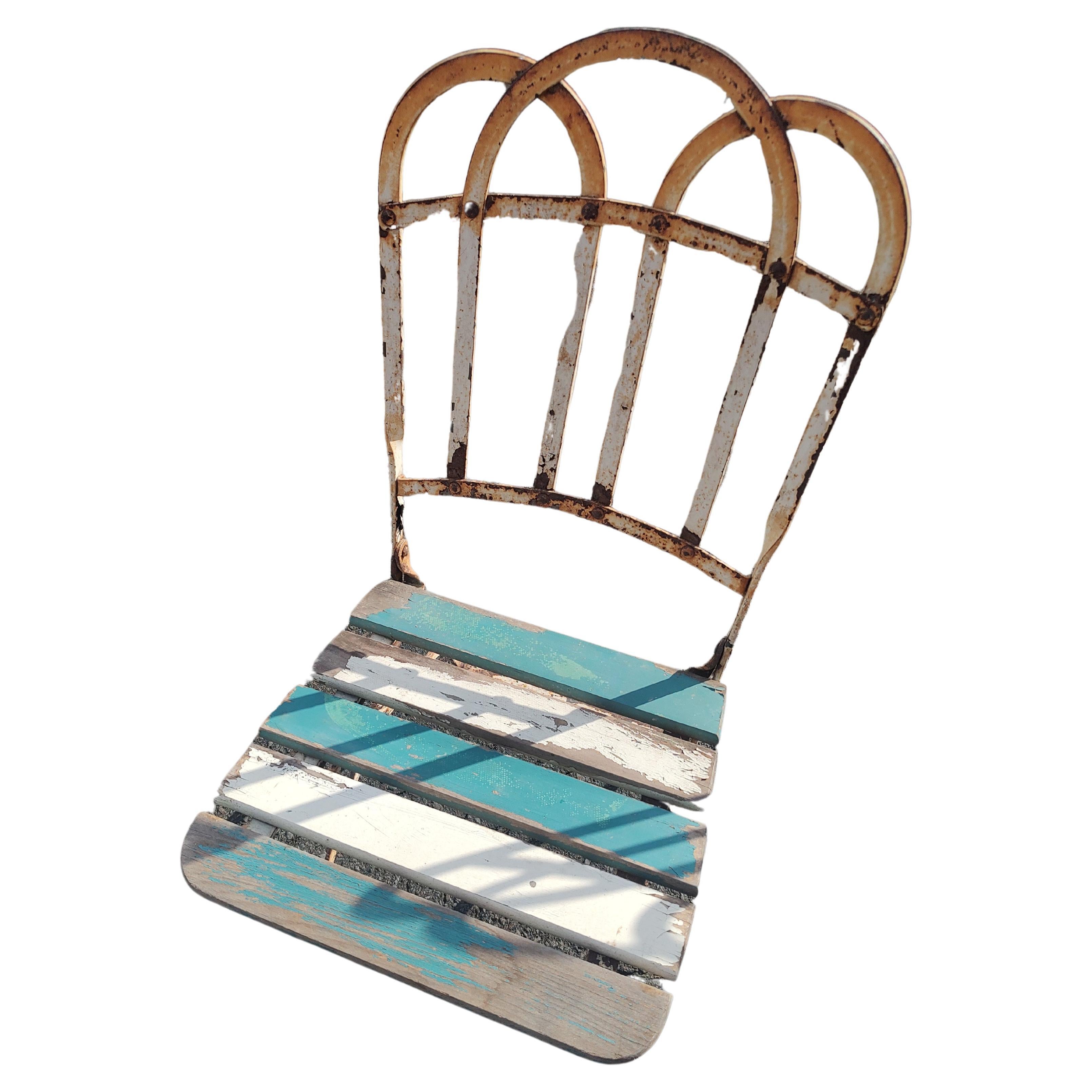 Set of 8 French Fold-up Iron with Slatted Wood Cafe Garden Dining Chairs C1920 For Sale 4