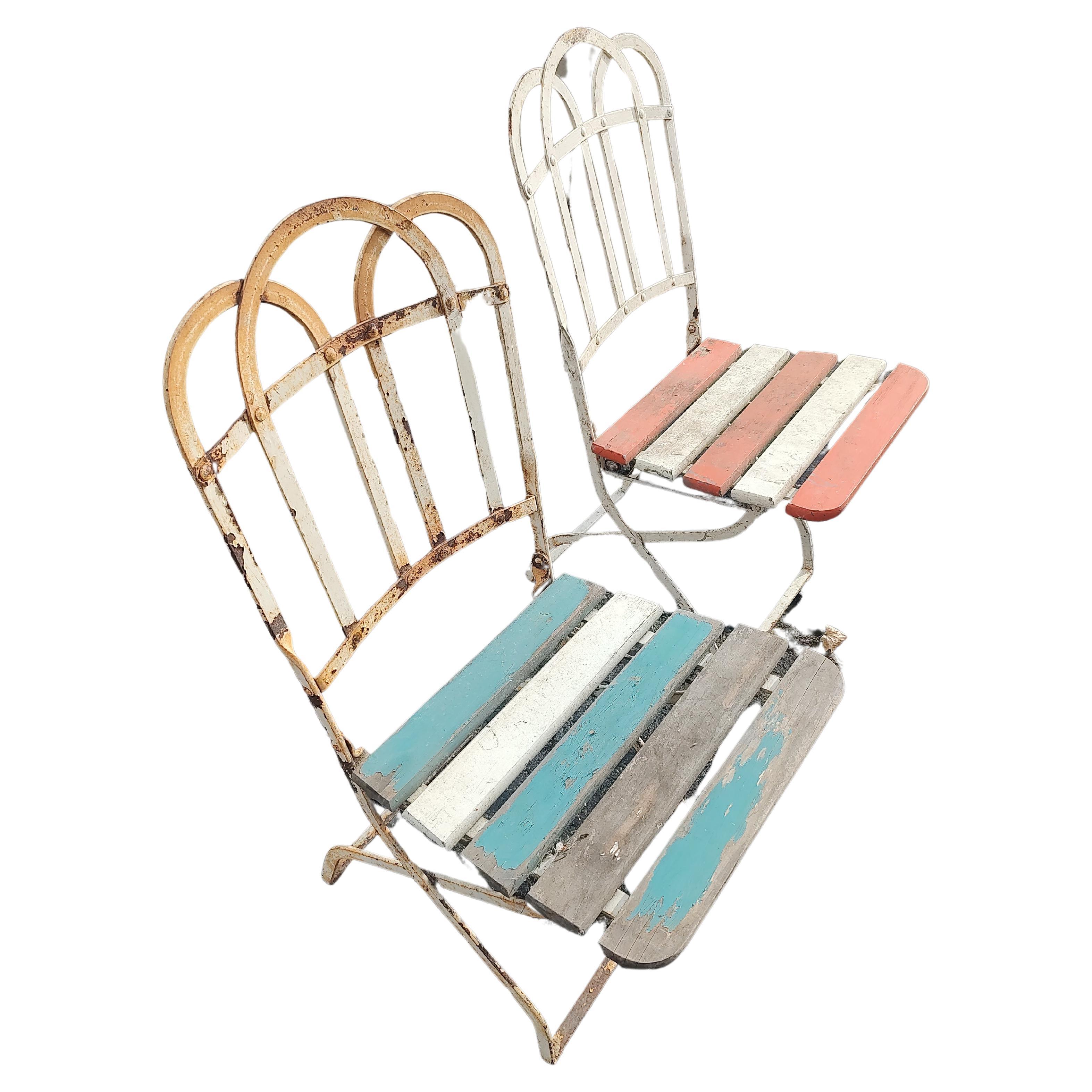 Set of 8 French Fold-up Iron with Slatted Wood Cafe Garden Dining Chairs C1920 For Sale 5