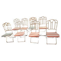 Set of 8 French Fold-up Iron with Slatted Wood Bistro Garden Dining Chairs C1920