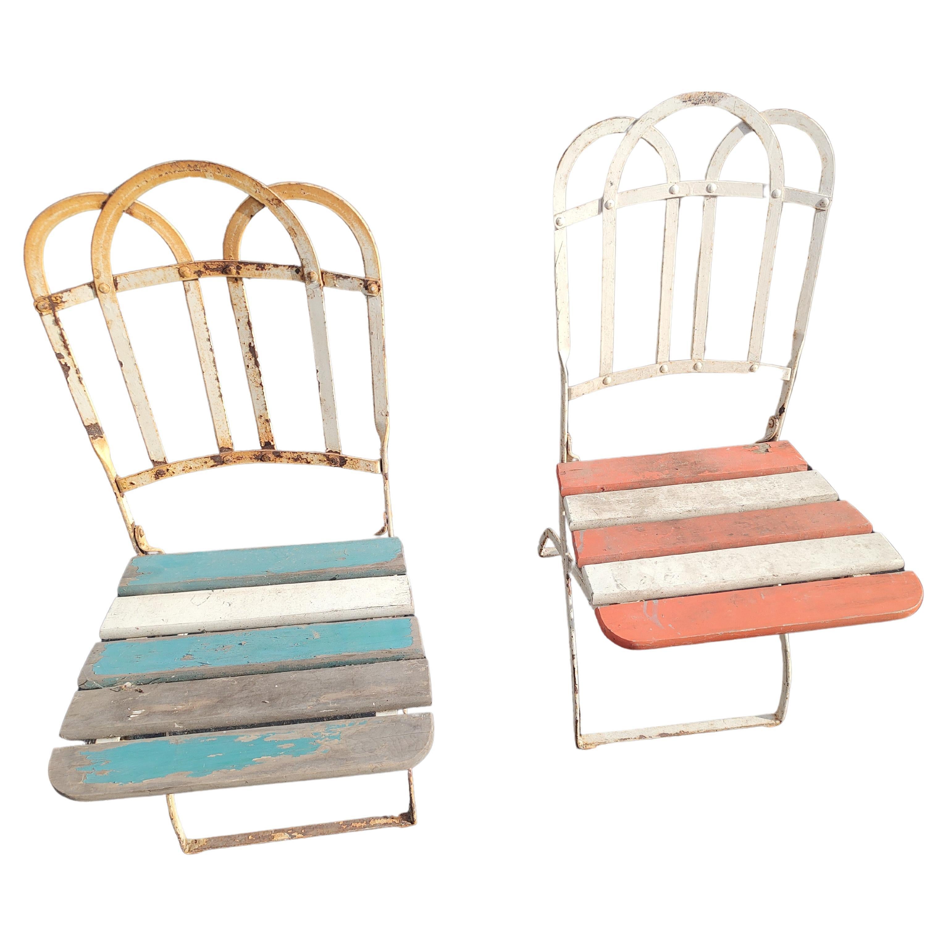 Set of 8 French Fold-up Iron with Slatted Wood Cafe Garden Dining Chairs C1920 For Sale 1