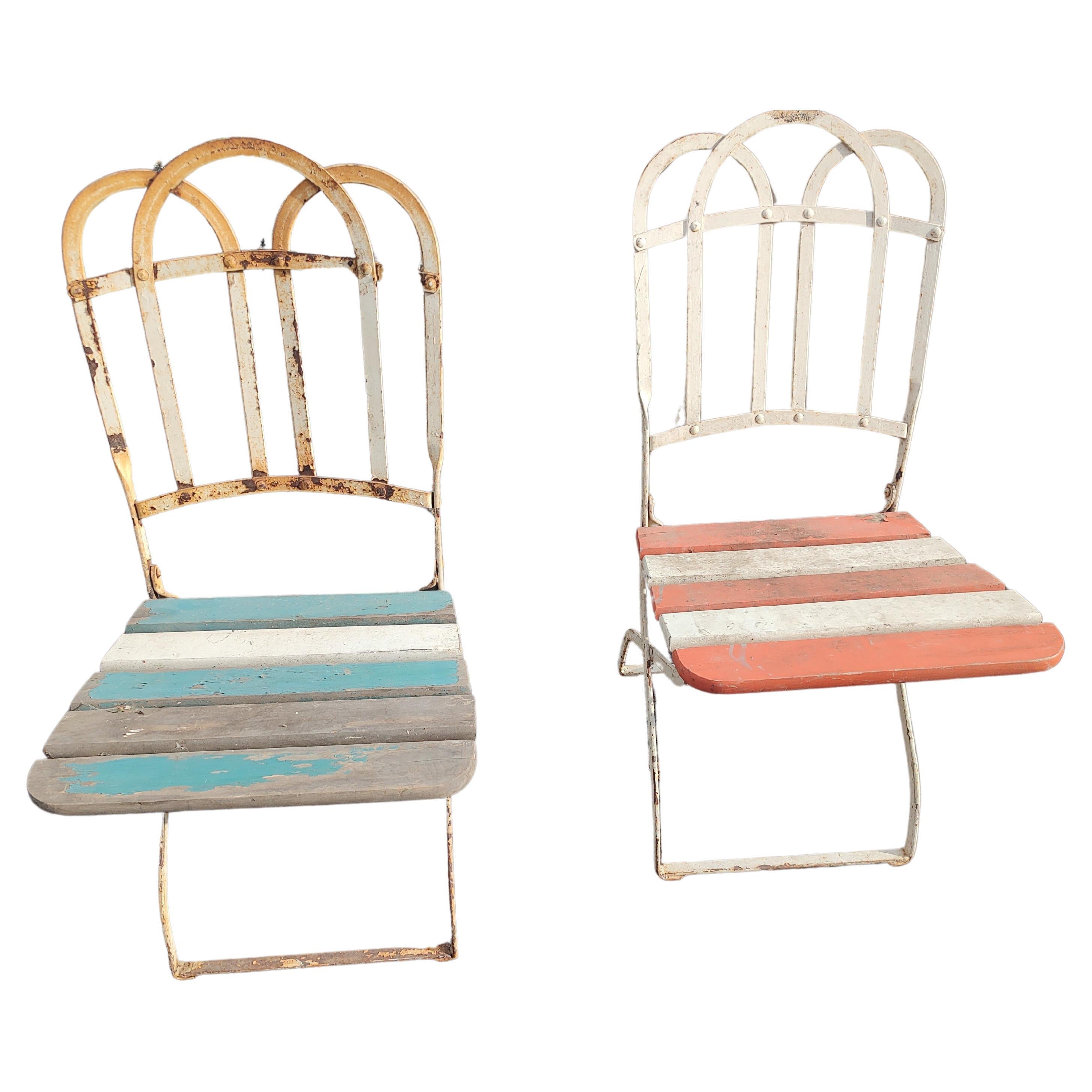 Set of 8 French Fold-up Iron with Slatted Wood Cafe Garden Dining Chairs C1920 For Sale 2