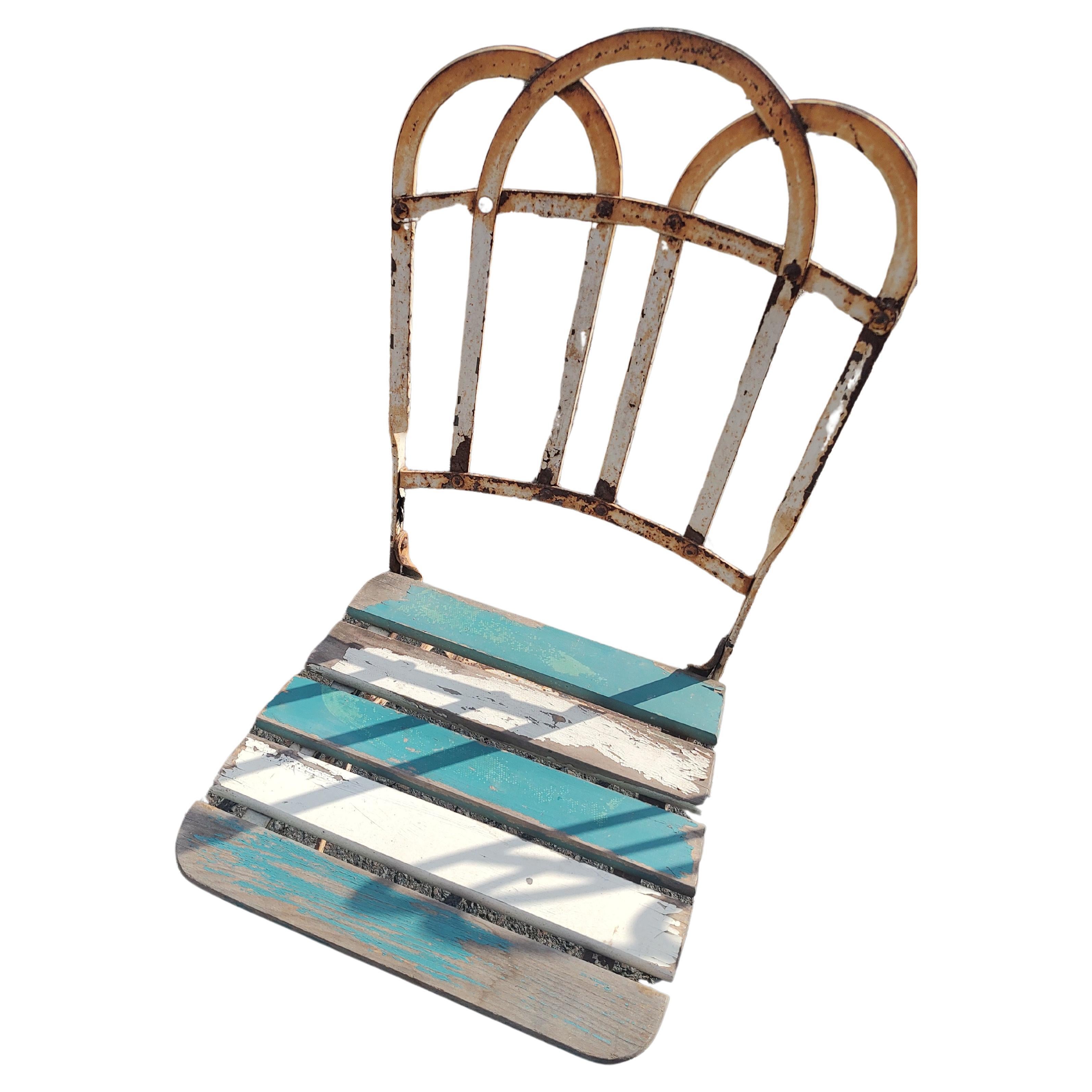 Set of 8 French Fold-up Iron with Slatted Wood Cafe Garden Dining Chairs C1920 For Sale 3