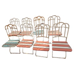 Used Set of 8 French Fold-up Iron with Slatted Wood Cafe Garden Dining Chairs C1920