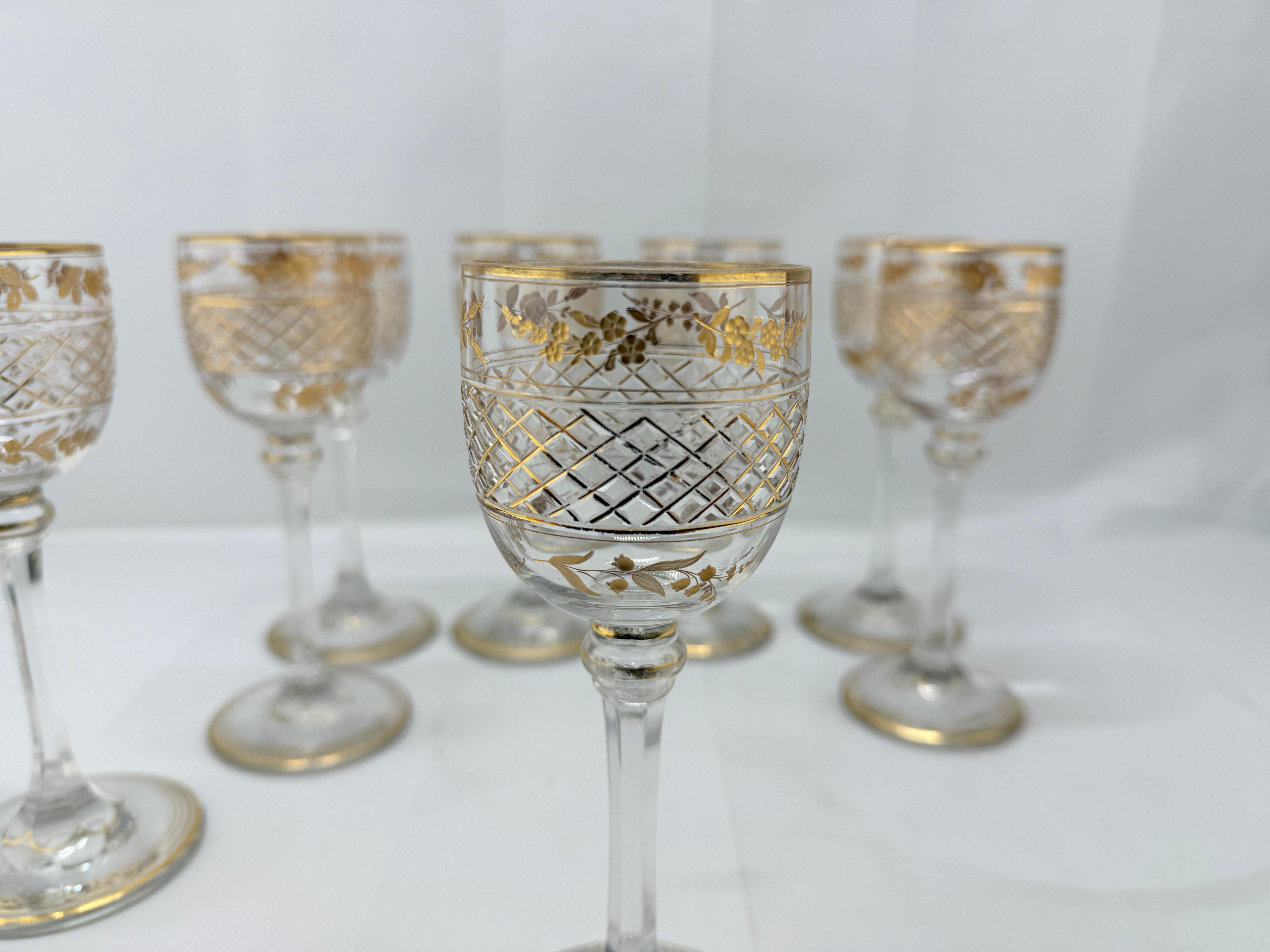 Regency Set of 8, French Foliate Gilt Crystal Wine Goblets Style of Val St. Lambert For Sale