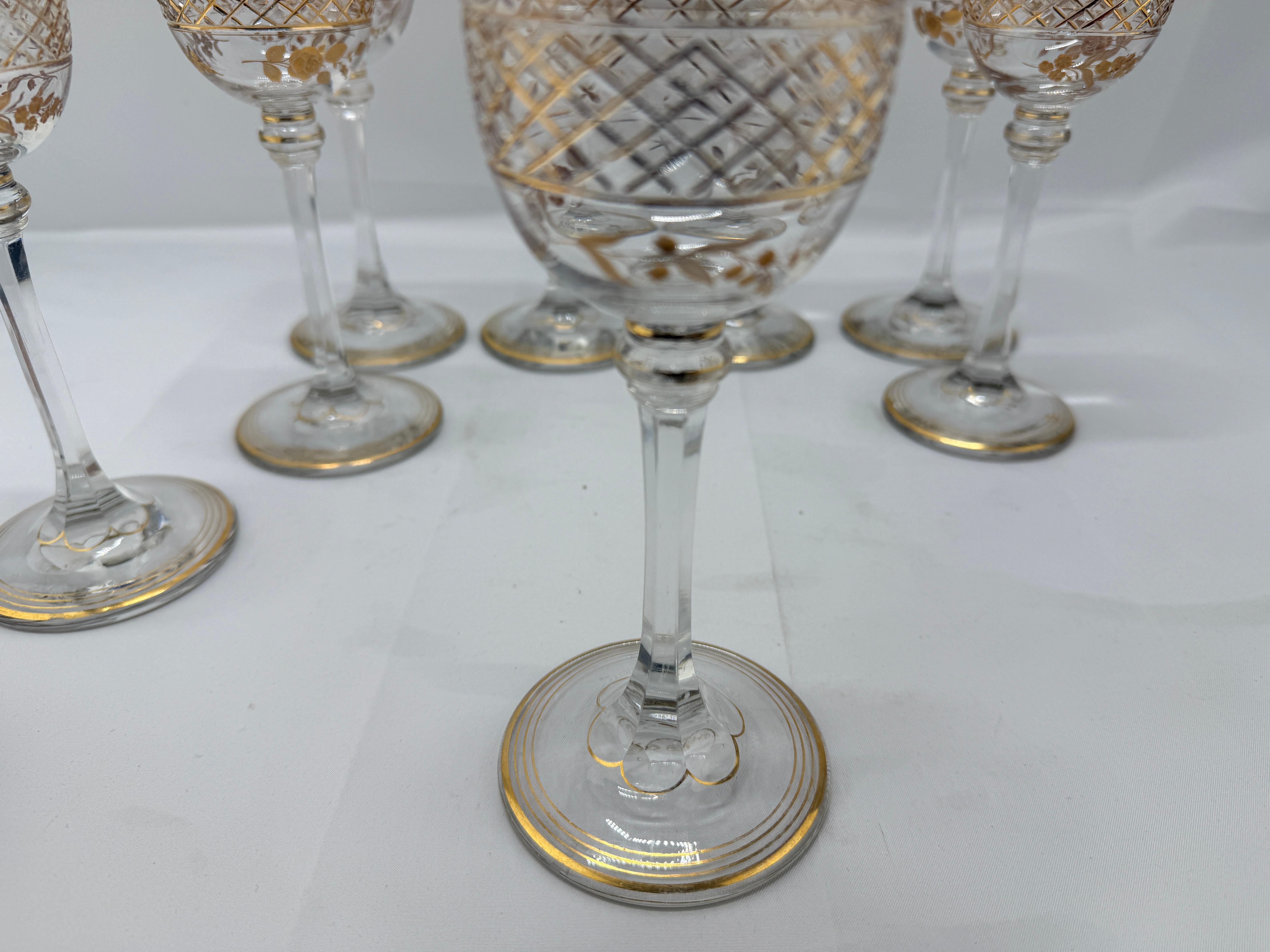 20th Century Set of 8, French Foliate Gilt Crystal Wine Goblets Style of Val St. Lambert For Sale