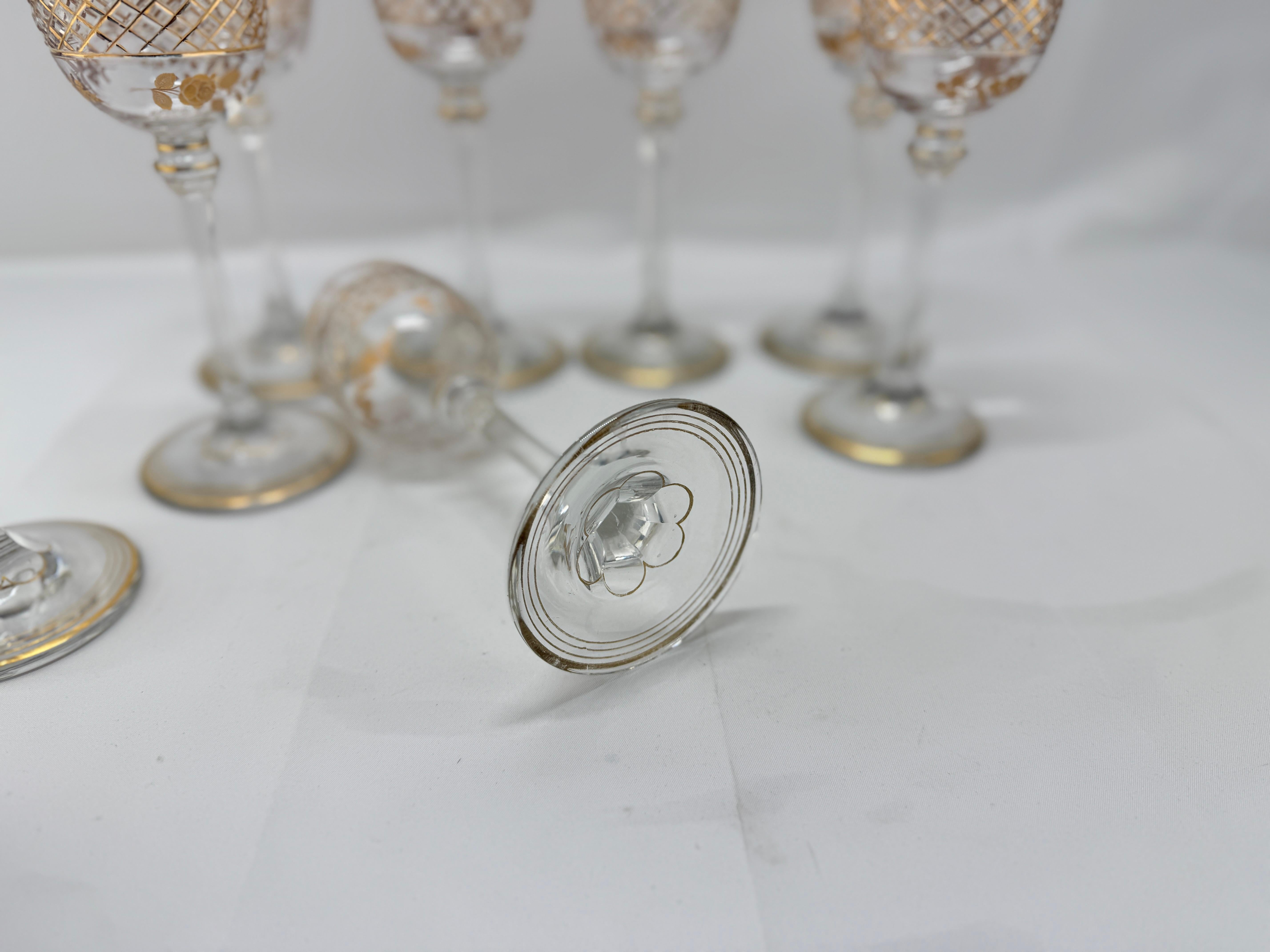Set of 8, French Foliate Gilt Crystal Wine Goblets Style of Val St. Lambert For Sale 1
