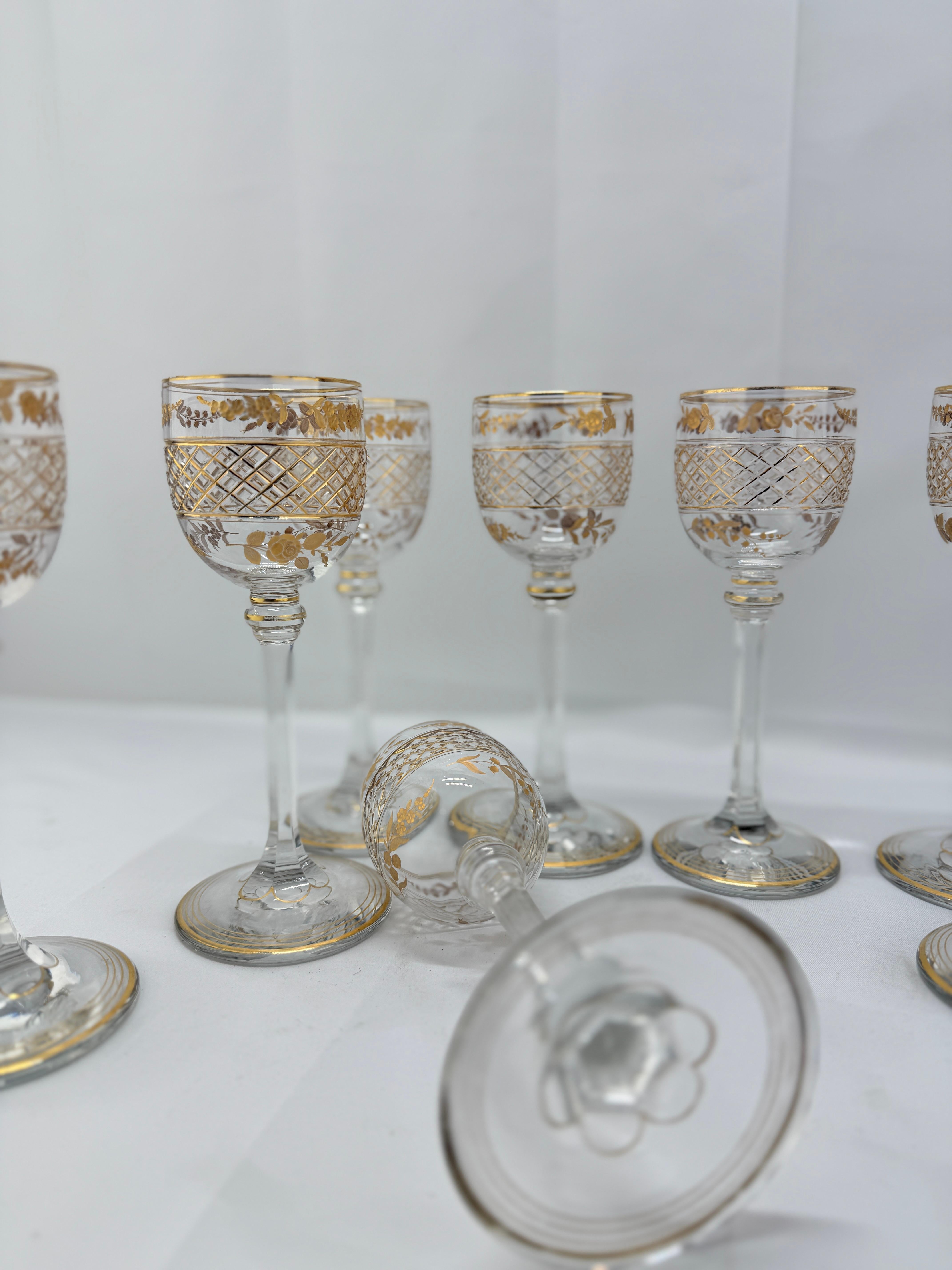 Set of 8, French Foliate Gilt Crystal Wine Goblets Style of Val St. Lambert For Sale 3