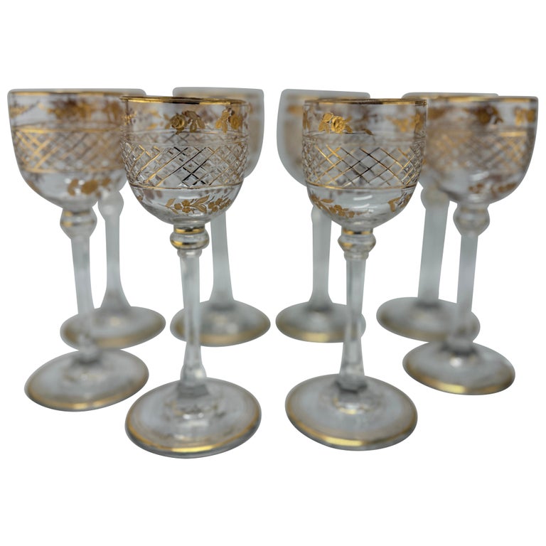 Set of 8, French Foliate Gilt Crystal Wine Goblets Style of Val St. Lambert  For Sale at 1stDibs