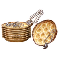 Set of 8 French Gien Ceramic Escargot Plates with Matching Spoons, circa 1920