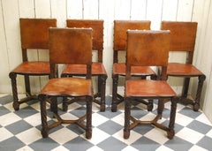 Set of 8 French Gothic Oak and Leather Dining Chairs