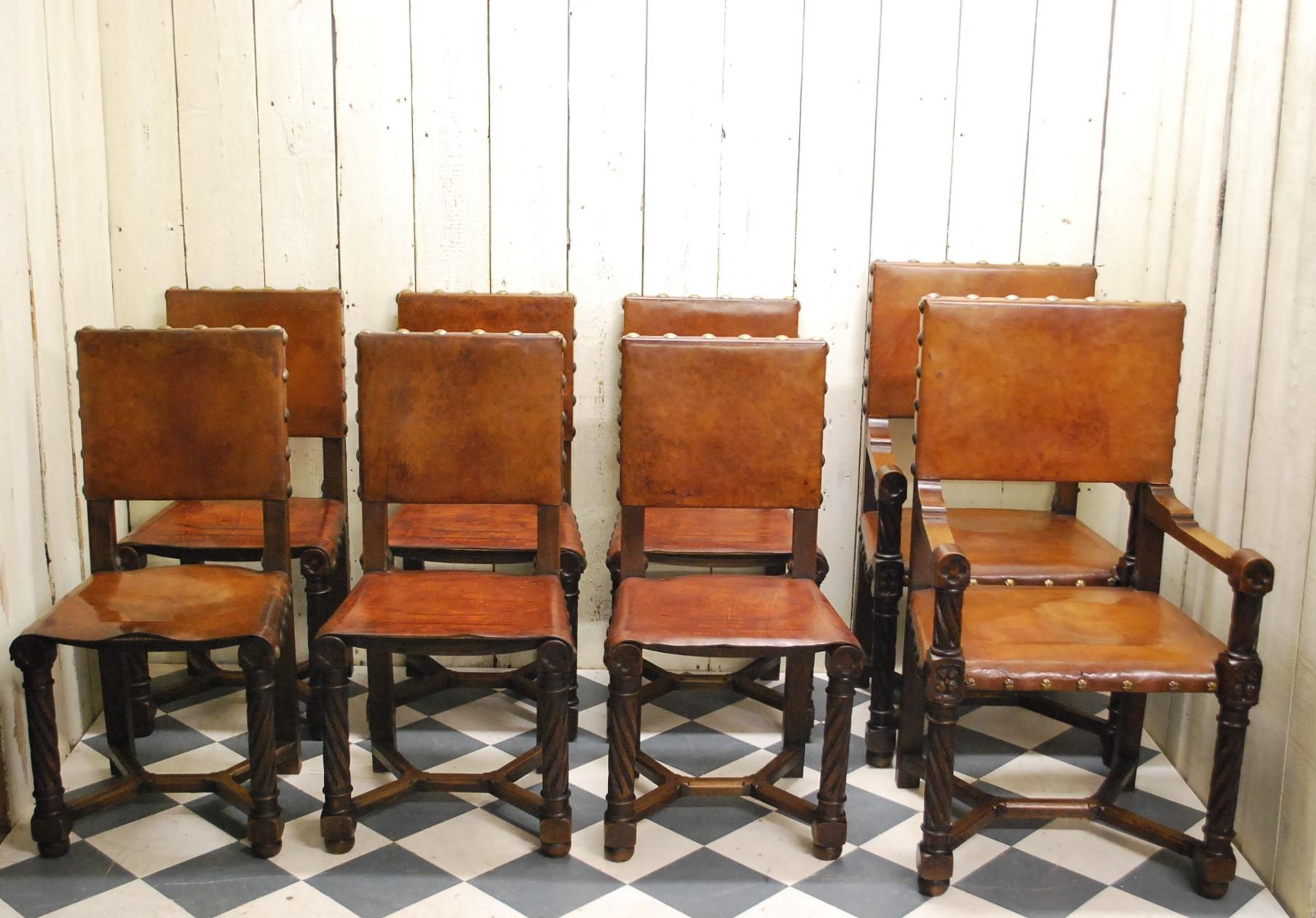 Set of 8 French Gothic Oak and Leather Dining Chairs For Sale 2