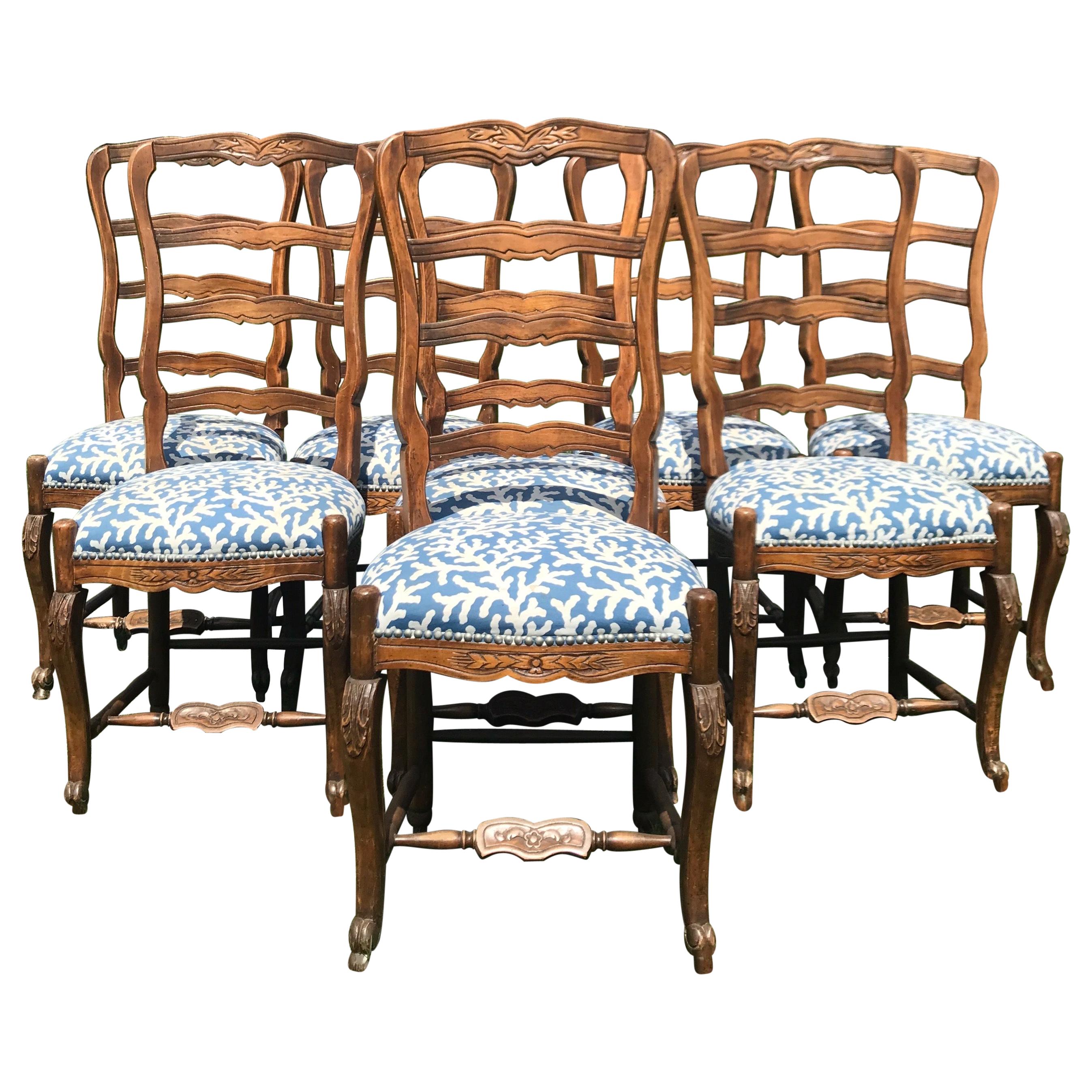 Set of 8 French Ladder Back Dinning Chairs with Carved Flowers For Sale