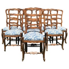 Antique Set of 8 French Ladder Back Dinning Chairs with Carved Flowers