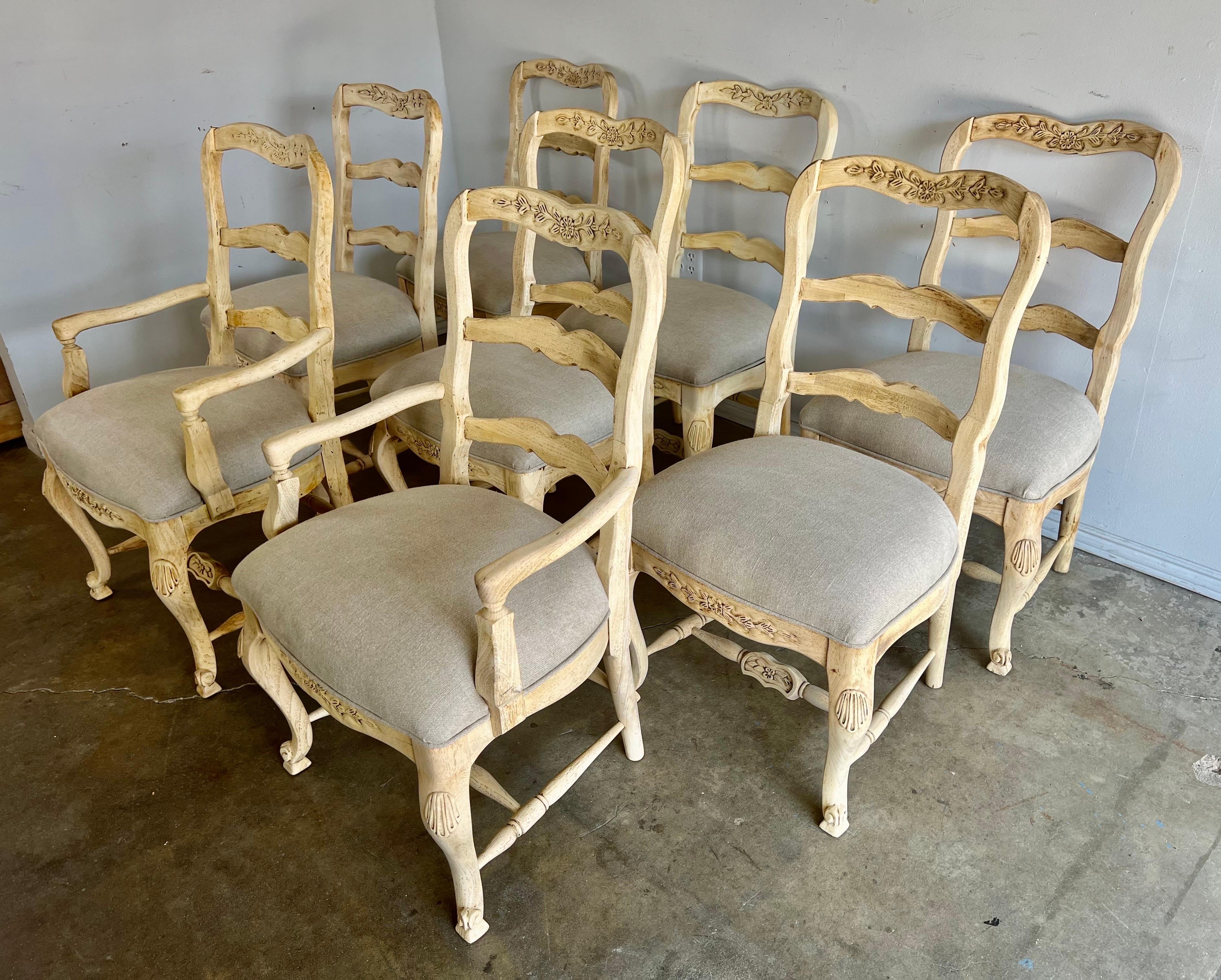 French Provincial Set of 8 French Ladderback Dining Chairs