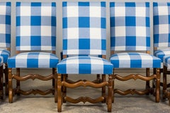 Set of 8 French Louis XIII Style Os De Mouton Walnut Dining Chairs in Blue Plaid