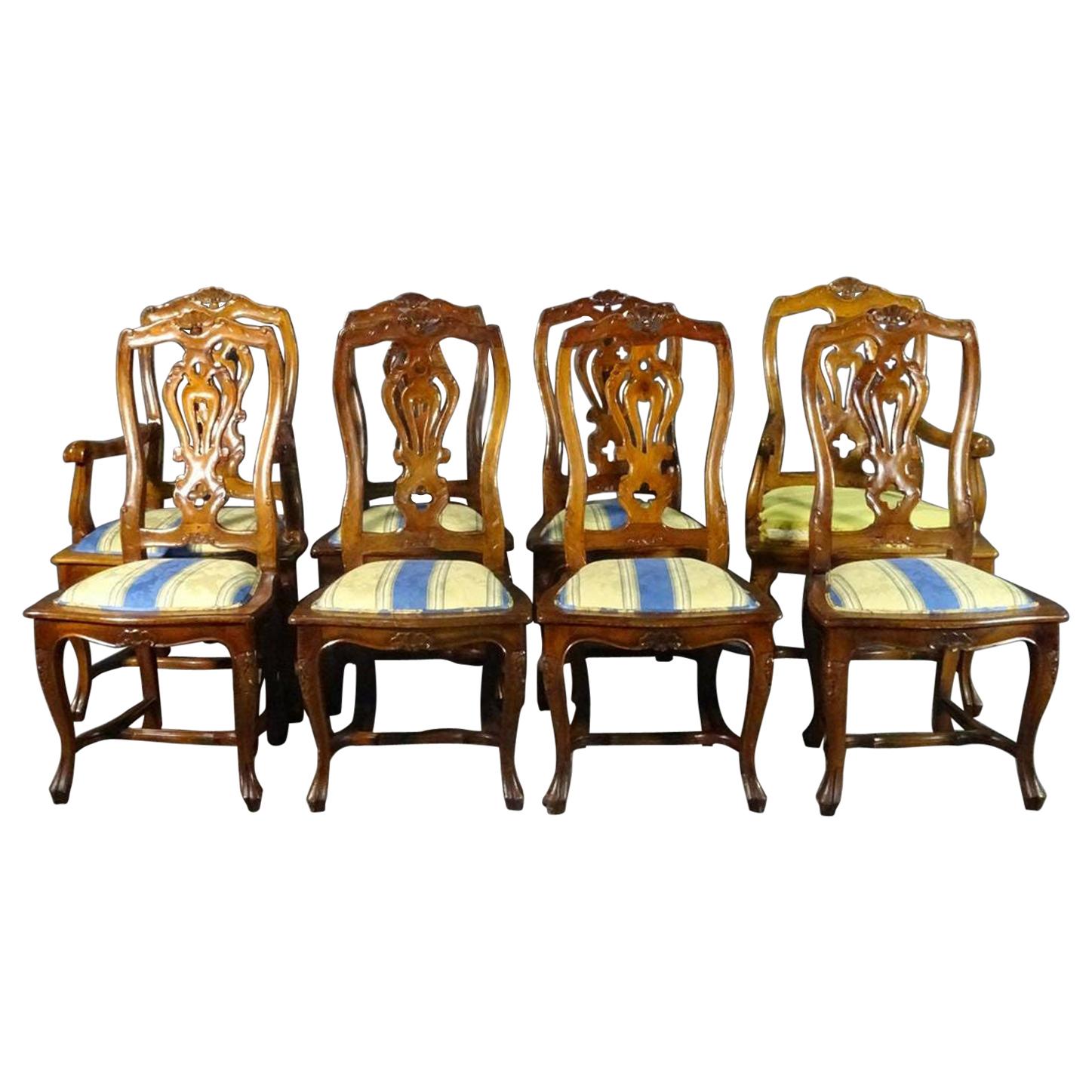 Set of 8 French Louis XV Carved Walnut Twist Back Dining Chairs, C1960s