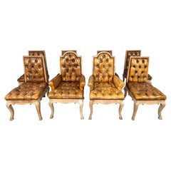 Set of 8 French Louis XV Dining Chairs, Leather Tufted, 1960s