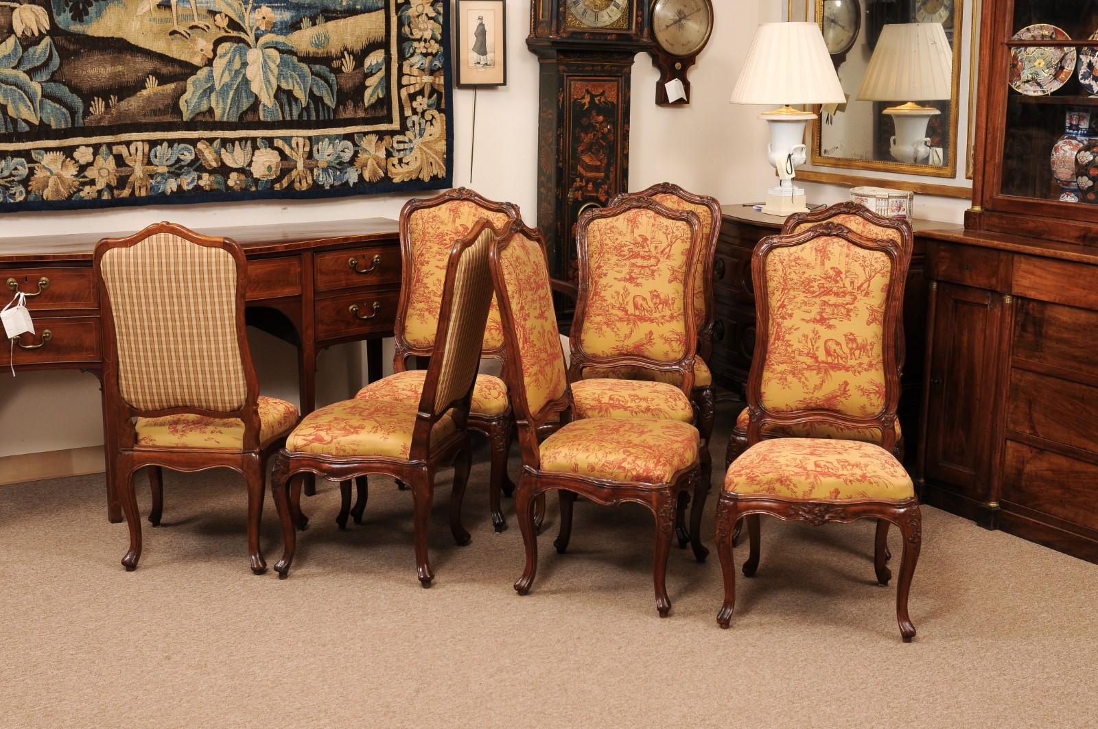 19th Century Set of 8 French Louis XV Style Walnut Upholstered Back Dining Chairs For Sale