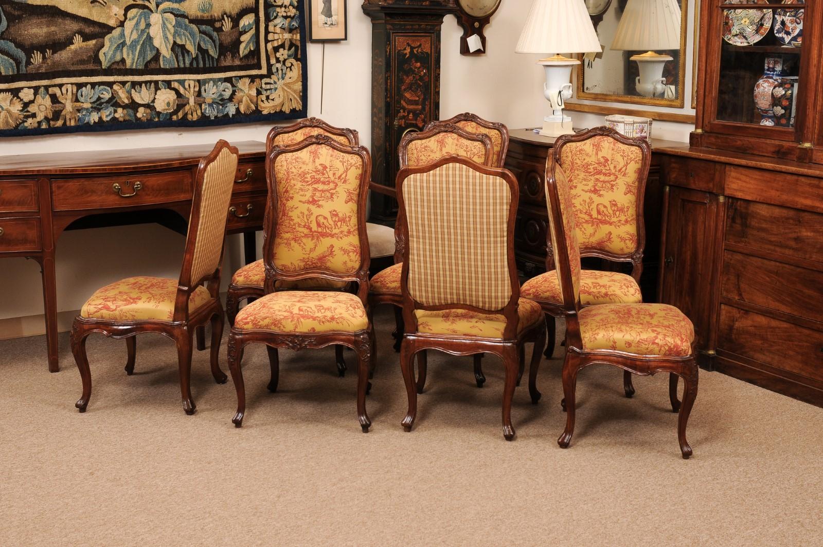 Upholstery Set of 8 French Louis XV Style Walnut Upholstered Back Dining Chairs For Sale