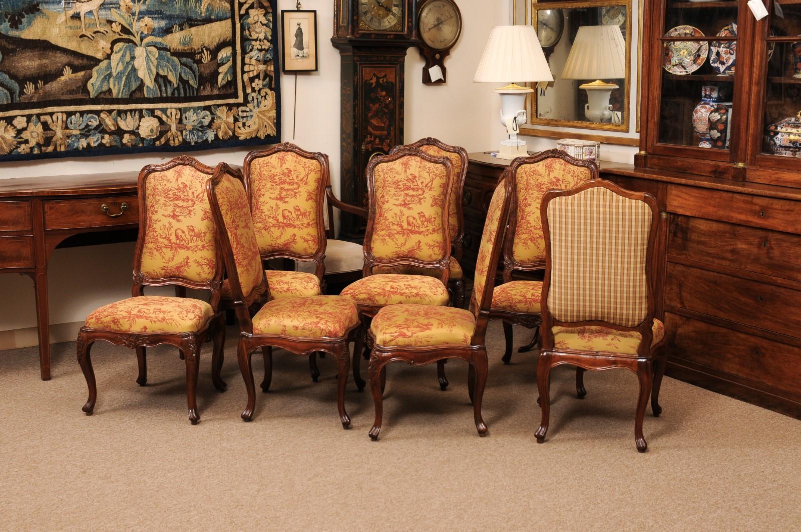 Set of 8 French Louis XV Style Walnut Upholstered Back Dining Chairs For Sale 1