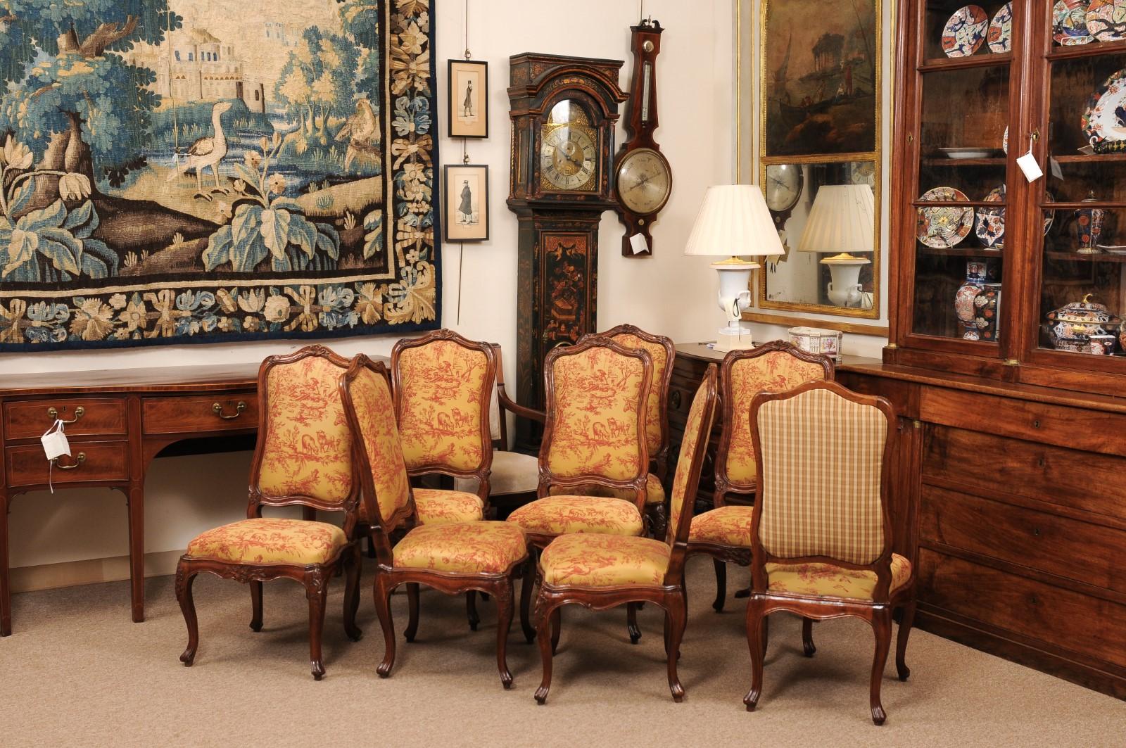 Set of 8 French Louis XV Style Walnut Upholstered Back Dining Chairs For Sale 2