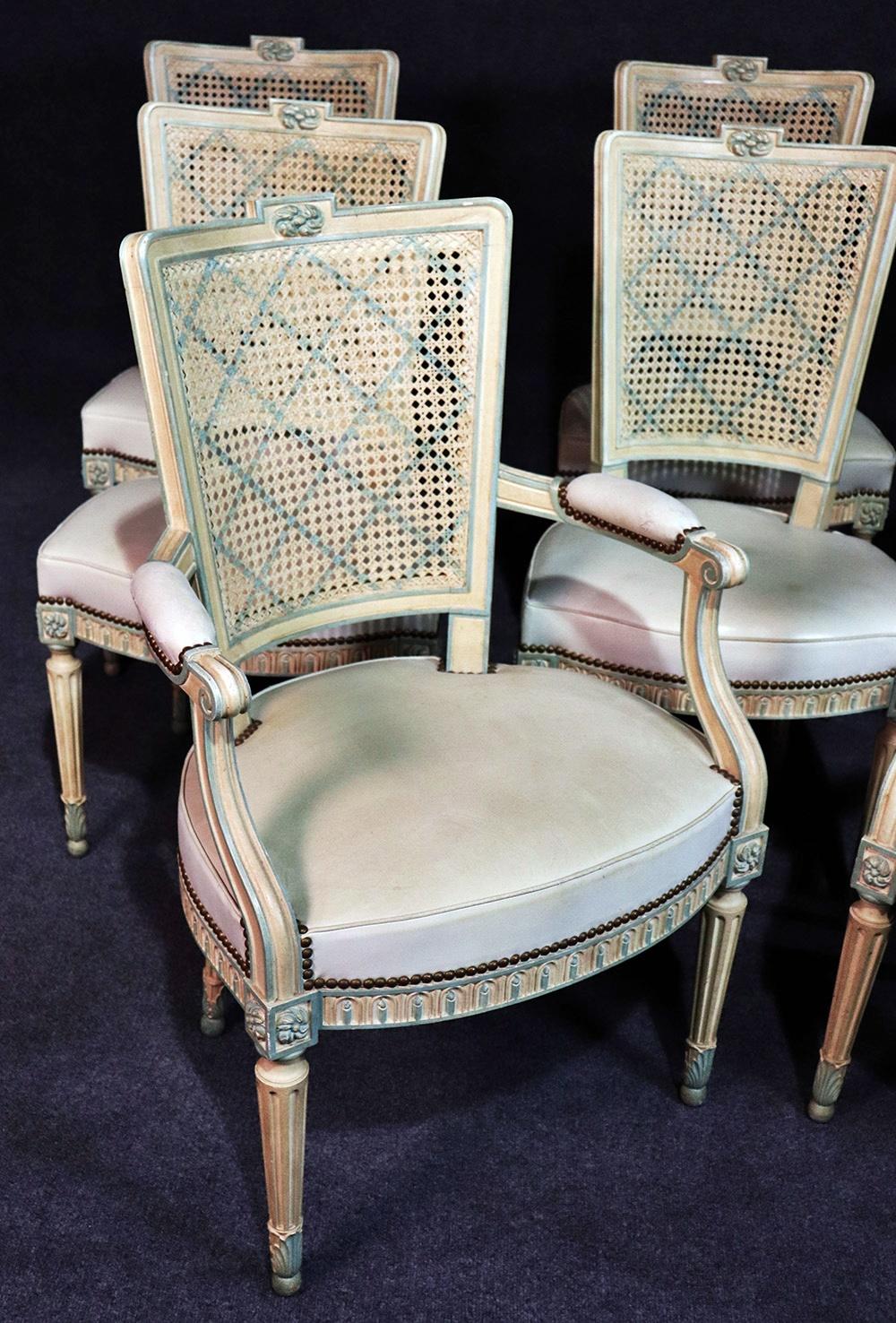 Painted Set of 8 French Louis XVI Style Caned Back Dining Chairs