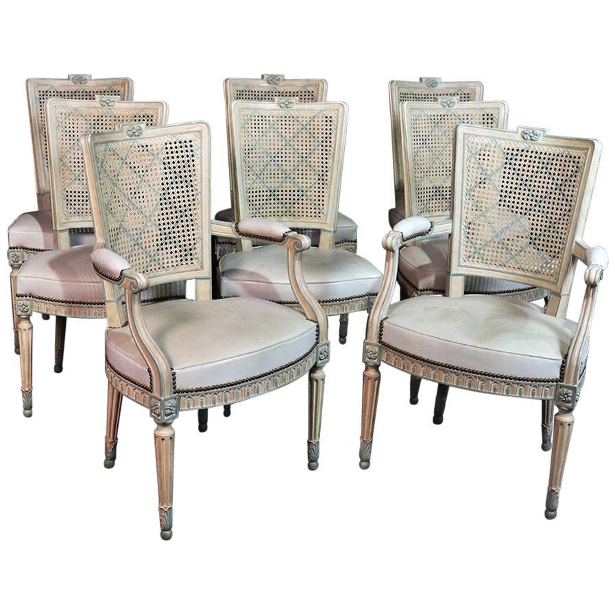 Set of 8 French Louis XVI Style Caned Back Dining Chairs