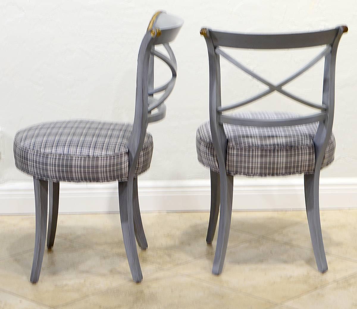 Set of Eight French Louis XVI Style Grey Paint and Gilt Upholstered Side Chairs In Excellent Condition In Ft. Lauderdale, FL