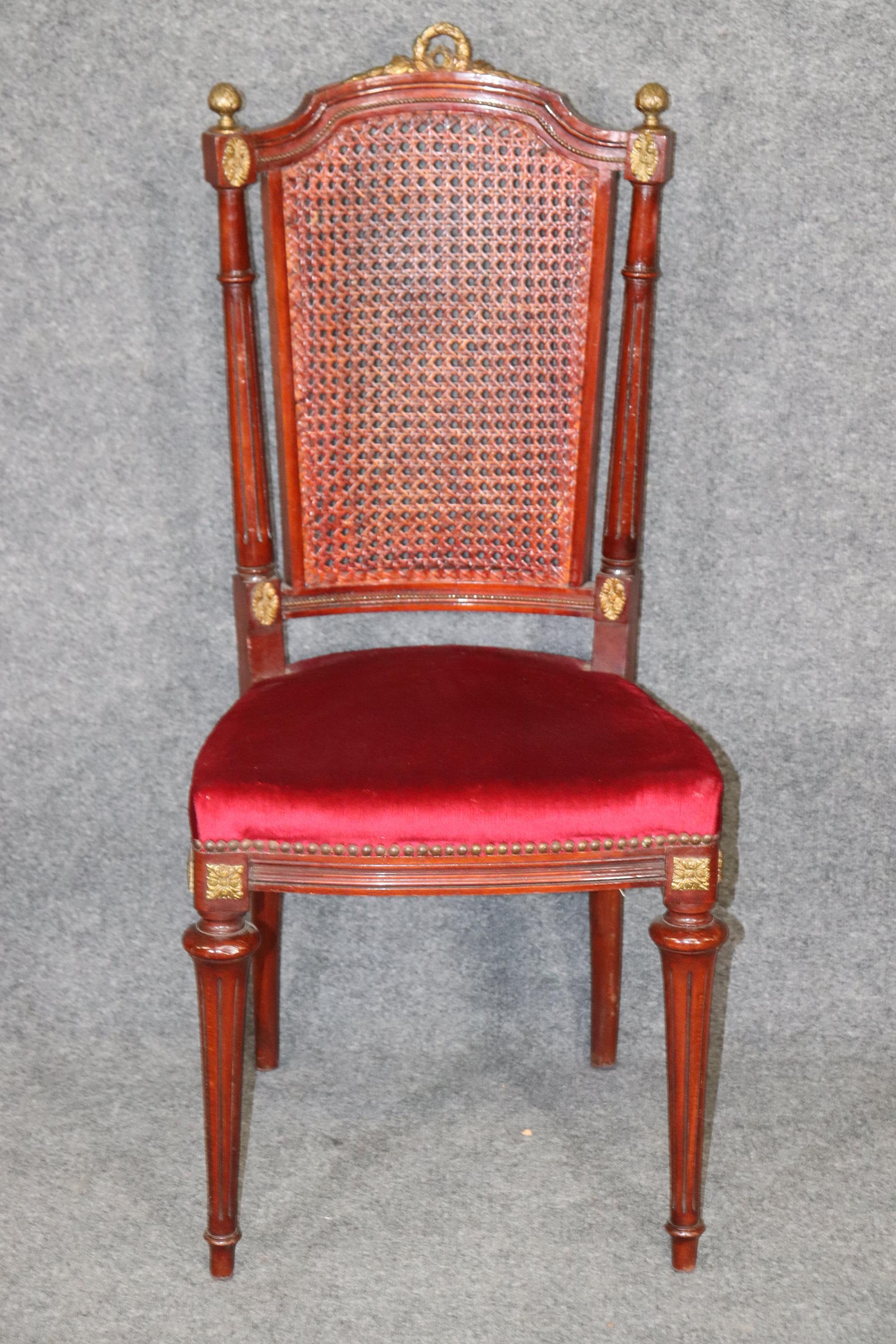 Set of 8 French Louis XVI Style Mahogany Cane Back Dining Chairs with Ormolu For Sale 2