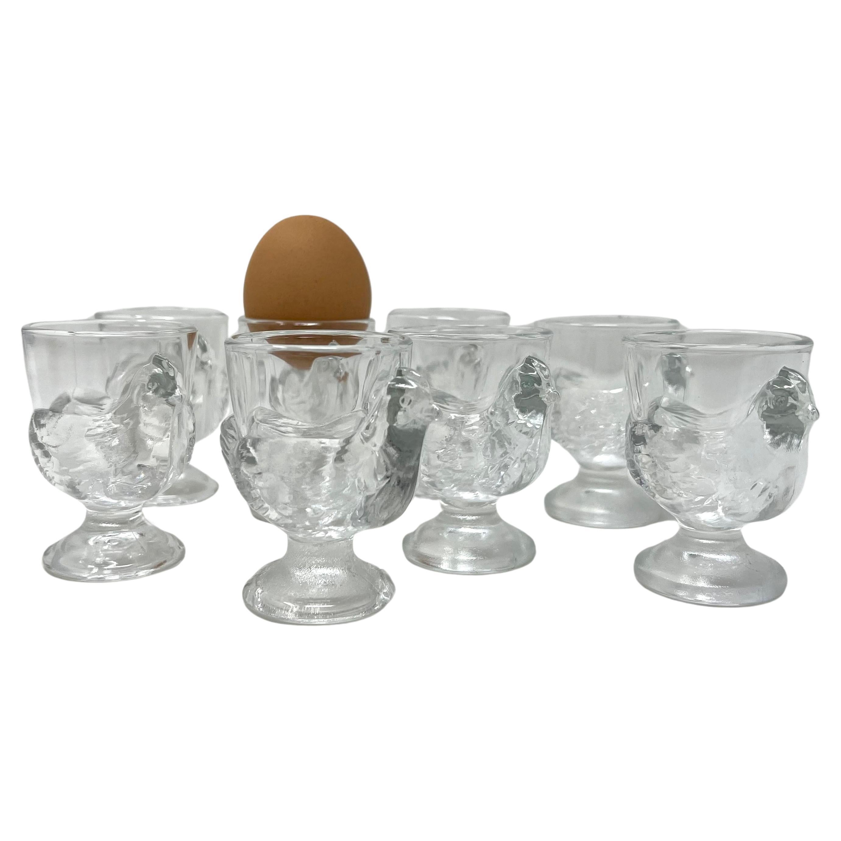 Set of 8 French Luminarc Clear Pressed Glass Egg Cups For Sale