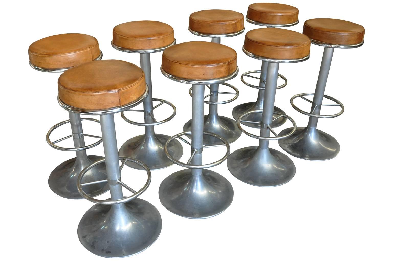 Set of Eight French Midcentury Bar Stools In Excellent Condition In Atlanta, GA