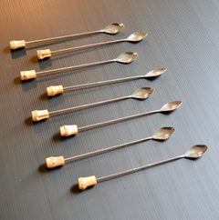 Set of 8 French Mid-Century Soda Spoons, 1950s, Jacques Adnet Style, Bamboo Hand