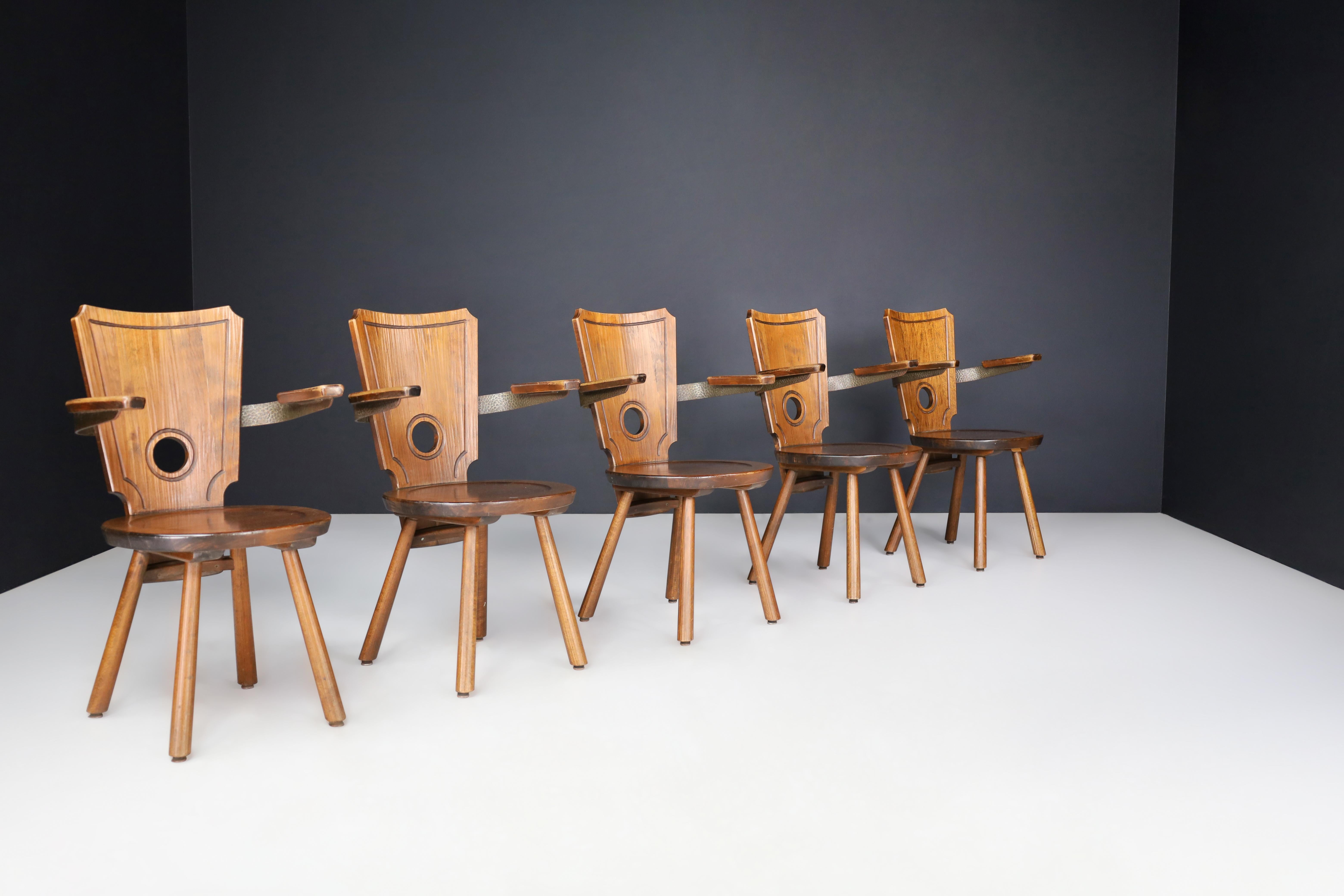 Set of 8 French Modernist Dining Chairs in Stained Oak and Brass, 1960s For Sale 2