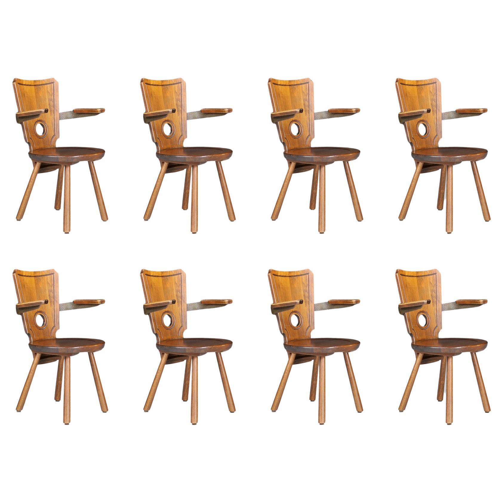 Set of 8 French Modernist Dining Chairs in Stained Oak and Brass, 1960s