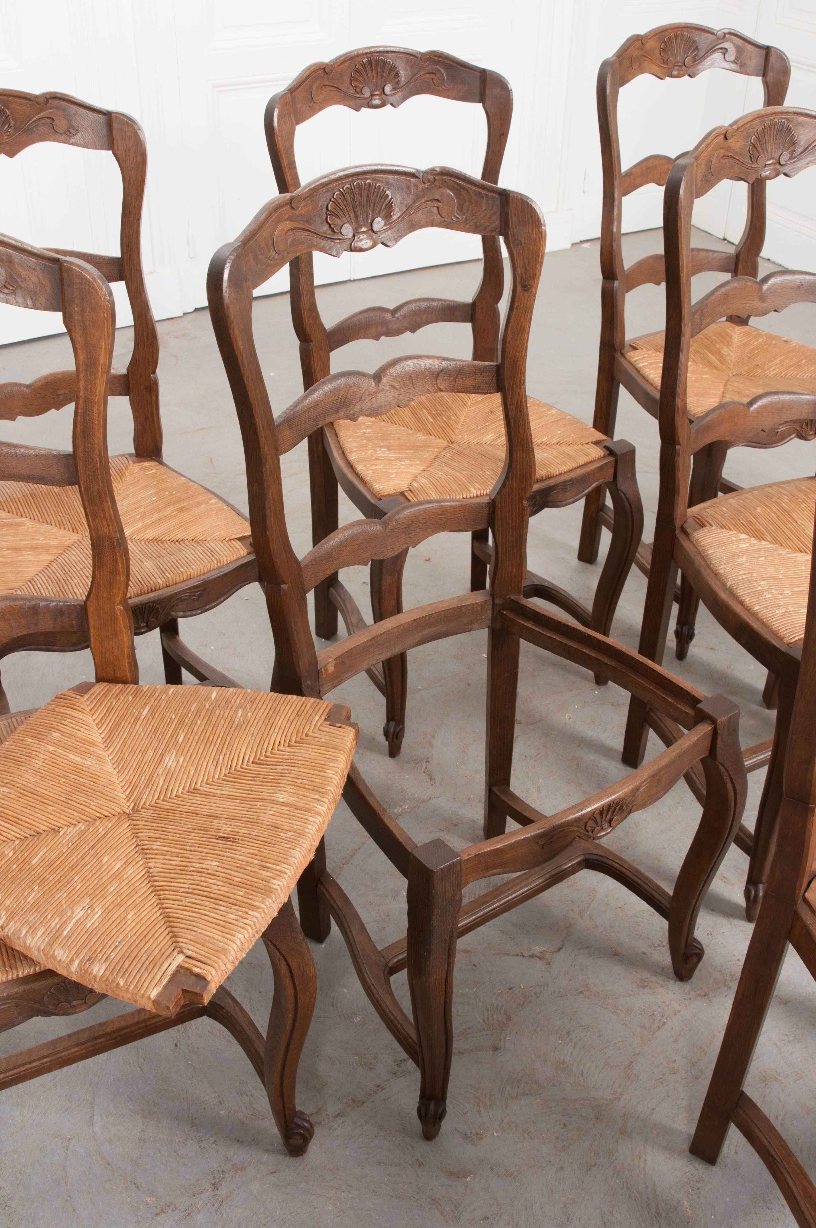 Set of Eight French Oak Ladder Back Chairs with Rush Seats 1