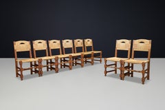 Set of 8 French Oak Rush Dining Chairs, Handwoven Seats, France, 1940s