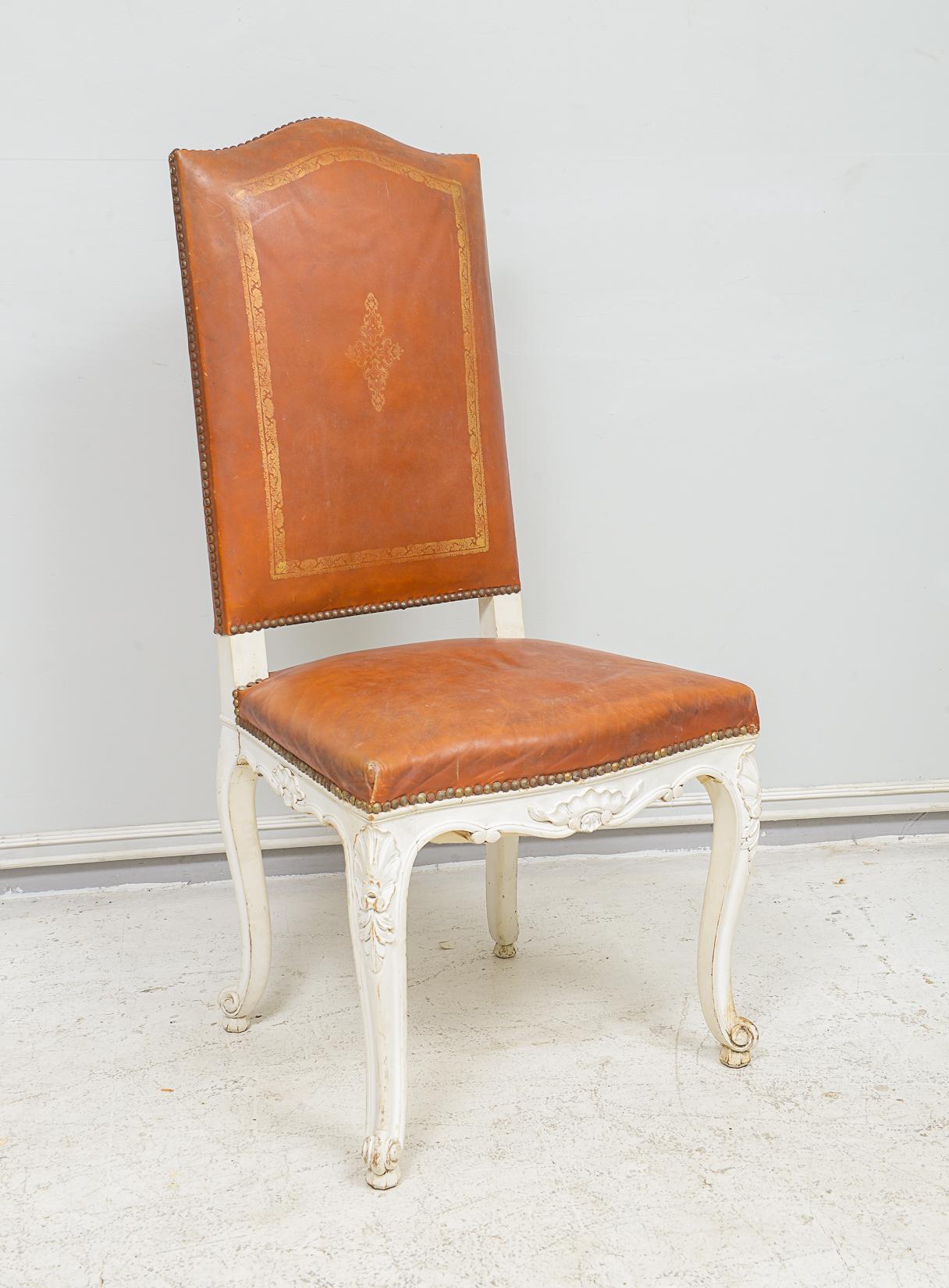 Set of Eight French  High-Back Leather Chairs in the Regence Manner 
with original leather - very comfortable.
Structurally very good condition - some wear consistent with age 