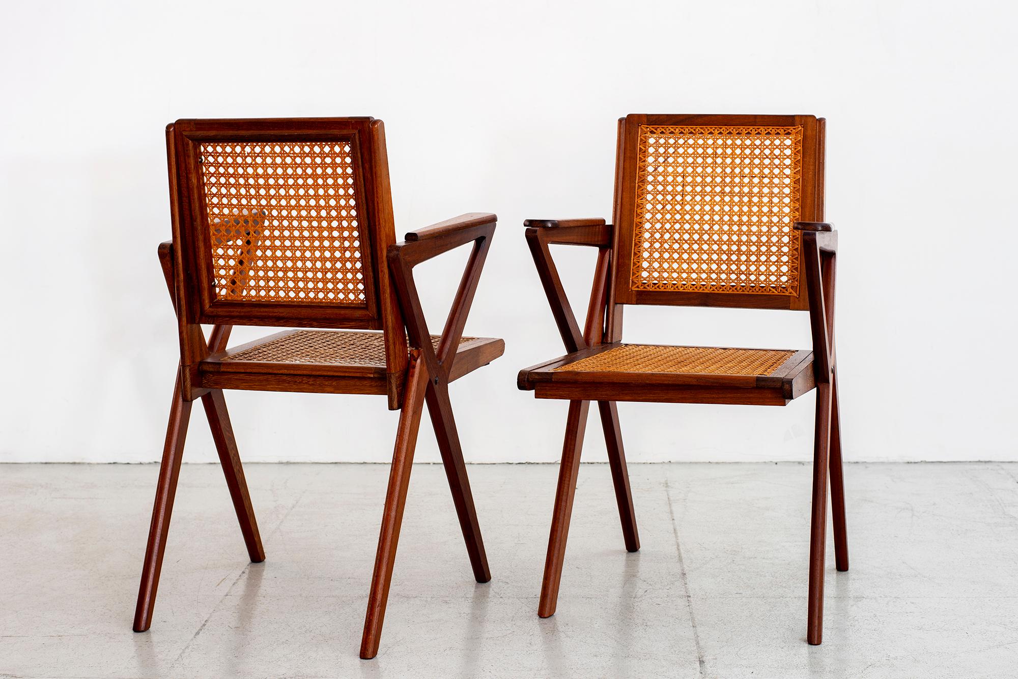 Mid-20th Century Set of 8 French Teak and Caned Dining Chairs
