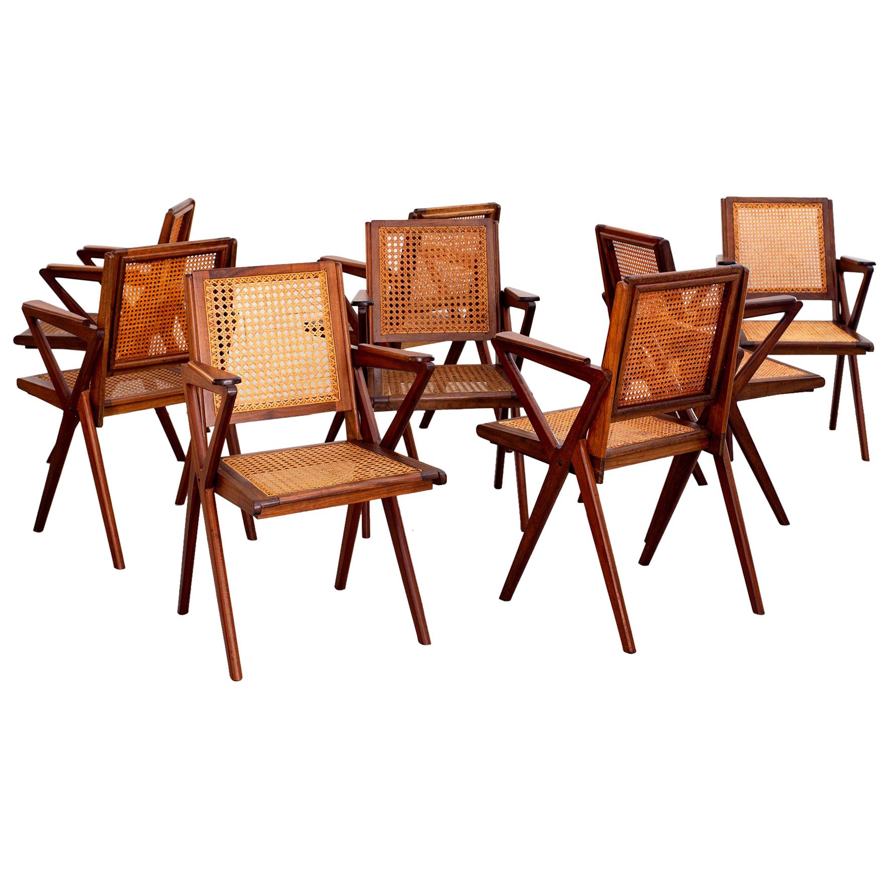 Set of 8 French Teak and Caned Dining Chairs