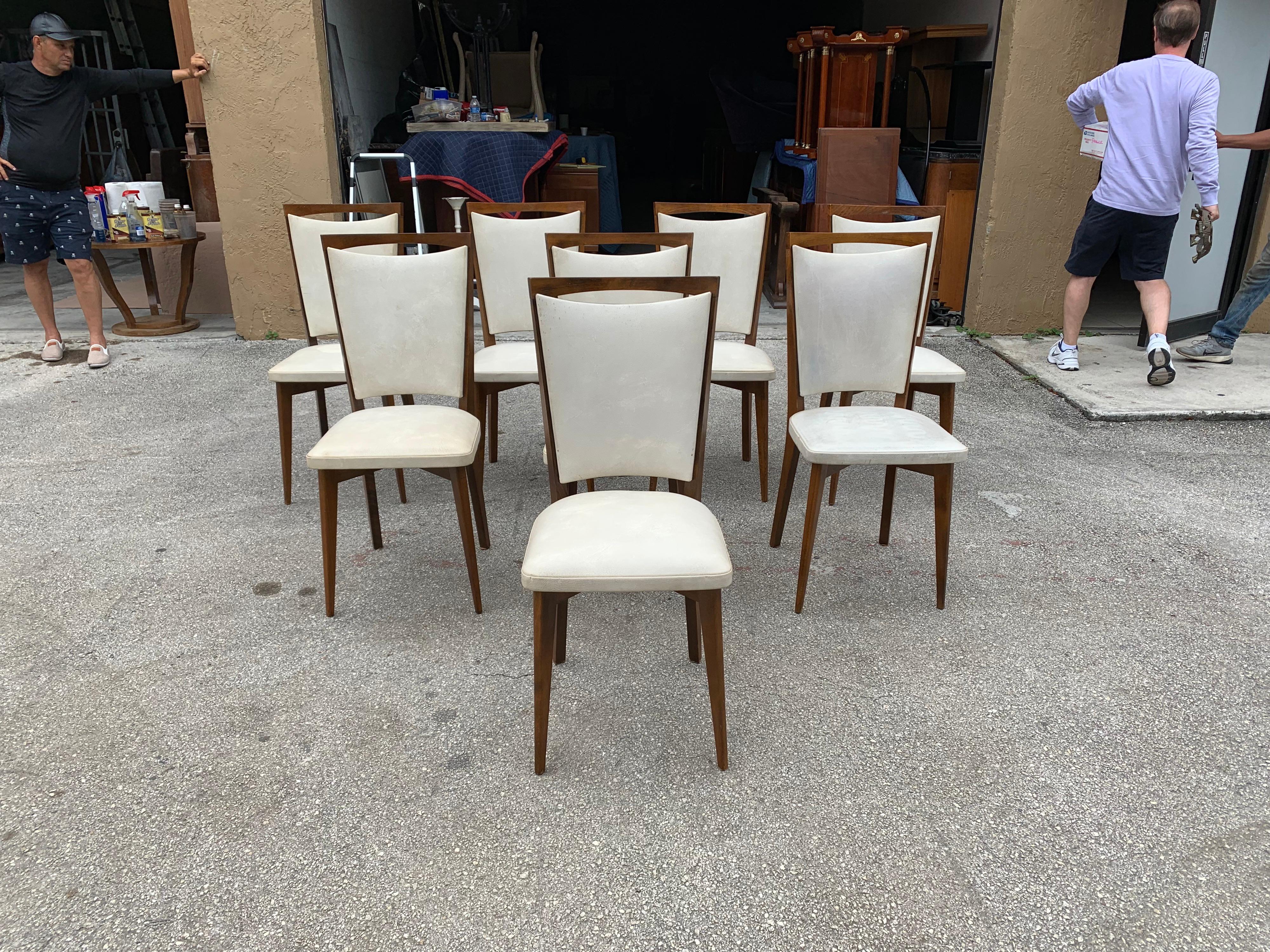 Mid-Century Modern Set of 8 French Vintage Modern Solid Mahogany Dining Chairs, 1940s