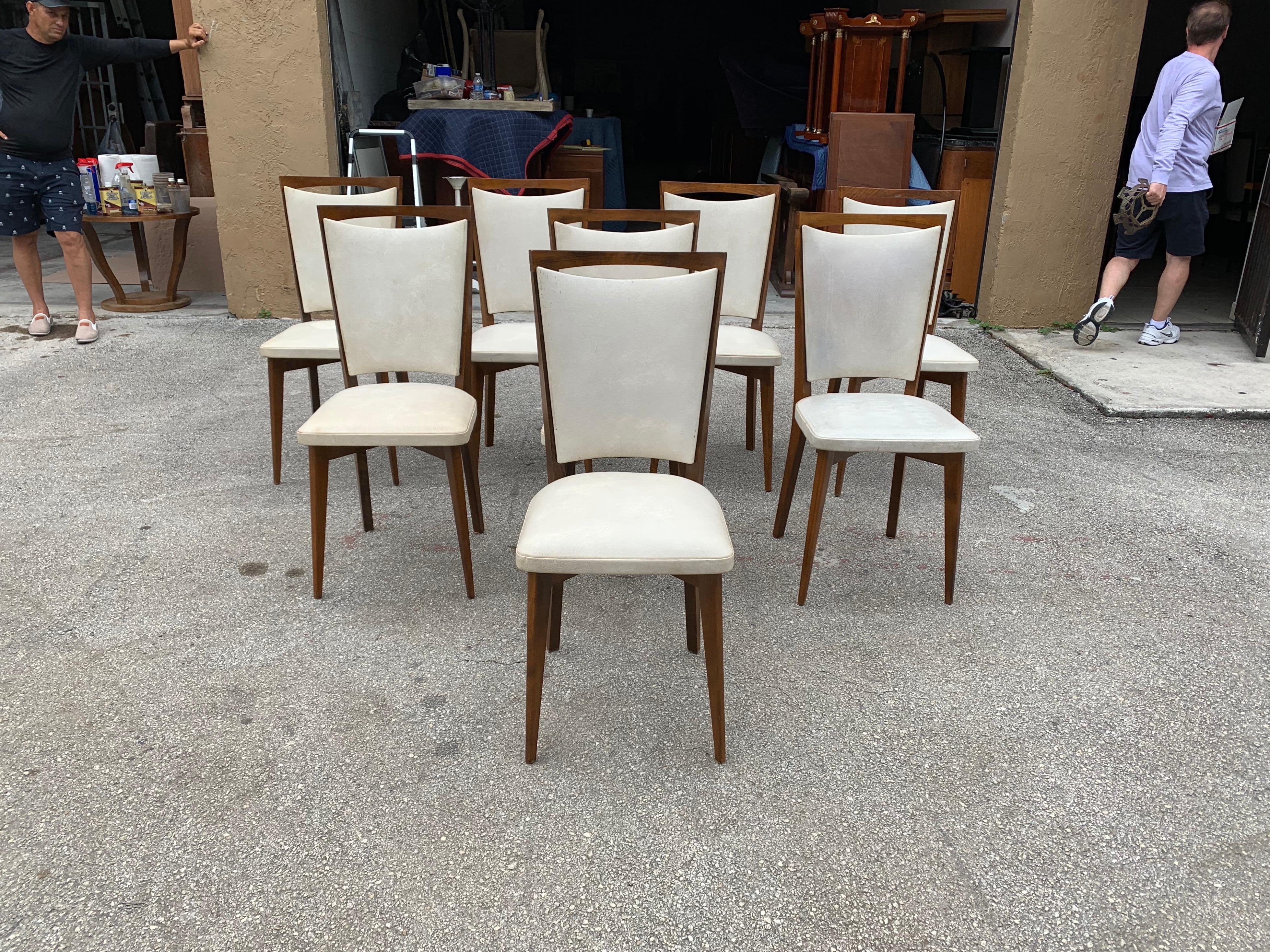 Mid-20th Century Set of 8 French Vintage Modern Solid Mahogany Dining Chairs, 1940s